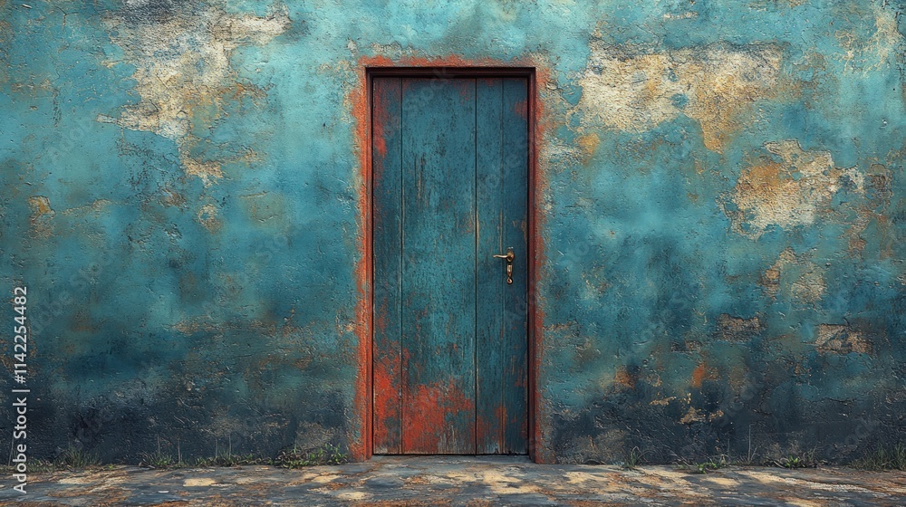 Weathered door against a textured blue wall. Weathered door against a textured blue wall.