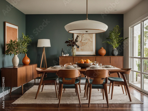 A mid-century modern dining room with emerald green walls, a rich mahogany dining table, and six matching wooden chairs with a walnut finish. A dark, walnut wood sideboard.