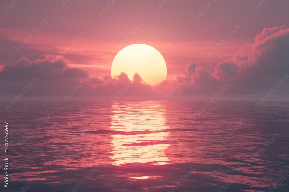 The sea is illuminated by a red sunset, featuring a large, round sun that shines brightly in an orange sky with dark clouds. Calm waters lie in front, mirroring its light. The sea is illuminated by a red sunset, featuring a large, round sun that shines brightly in an orange sky with dark clouds. Calm waters lie in front, mirroring its light.