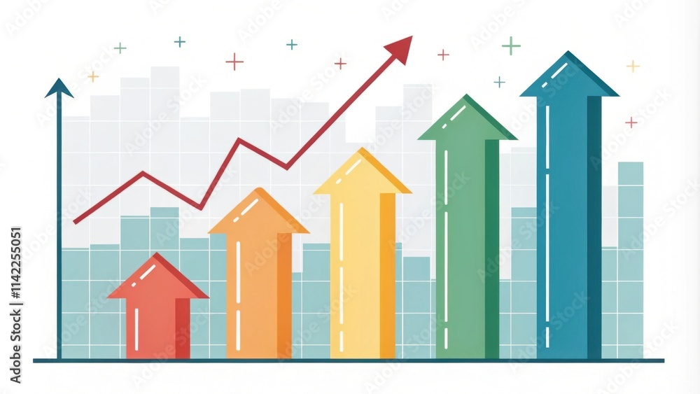A colorful bar chart shows increasing trends in data, indicating growth and progress with an upward red line for emphasis. A colorful bar chart shows increasing trends in data, indicating growth and progress with an upward red line for emphasis.