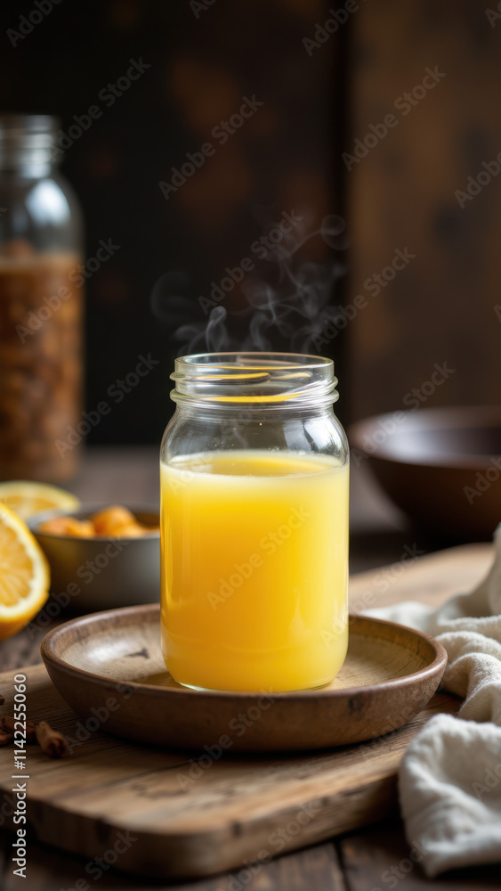 A jar of beef tallow on a wooden table with a bowl and oranges. A jar of beef tallow on a wooden table with a bowl and oranges.