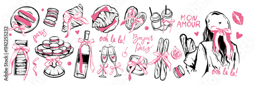 Romantic French eatery doodle set, vector Valentine day Paris date objects, wine bottle, glass, kiss. Coquettish dessert croissant hand drawn illustration, woman with baguette. French food doodle kit