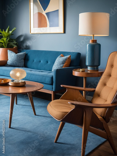 A stylish mid-century living room with blue accents, retro furniture, cozy seating, and modern decor. Perfect for design inspirations blending modernism and vintage vibes.