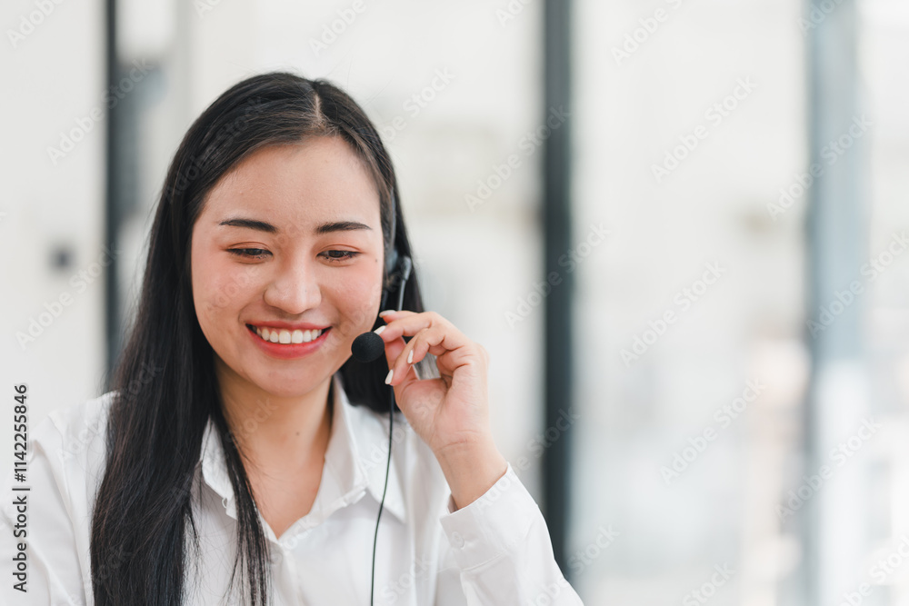 Smiling woman with headset working in customer service Smiling woman with headset working in customer service