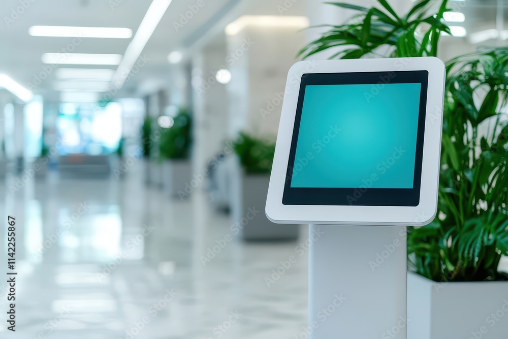 Health info kiosk in modern office lobby interactive technology sleek design informative environment Health info kiosk in modern office lobby interactive technology sleek design informative environment