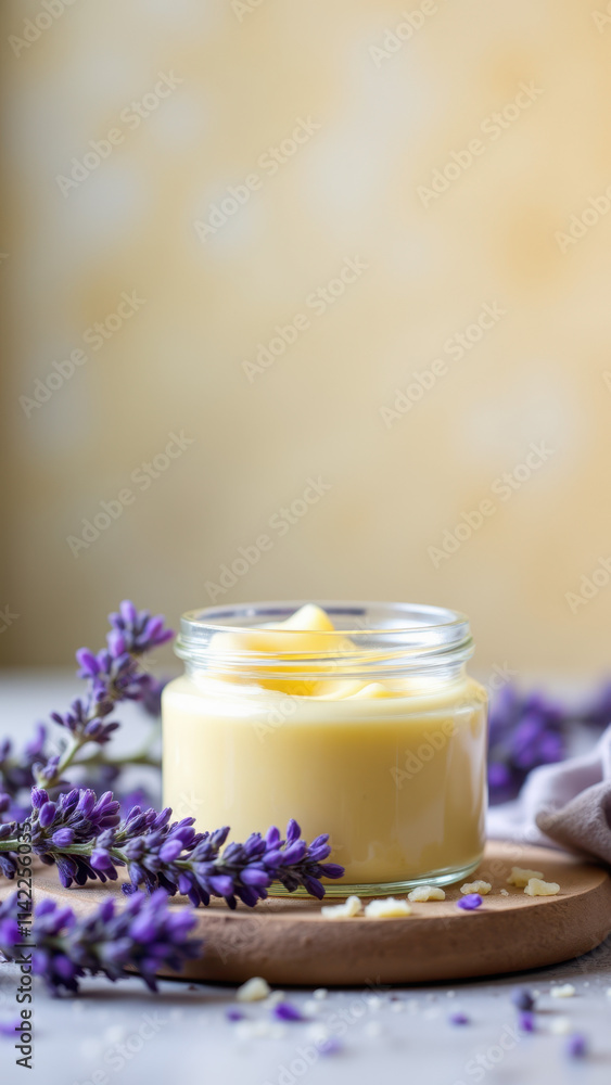 A jar of yellow creamy substance with a top sprinkled with lavender flowers sitting on a wooden board. A jar of yellow creamy substance with a top sprinkled with lavender flowers sitting on a wooden board.