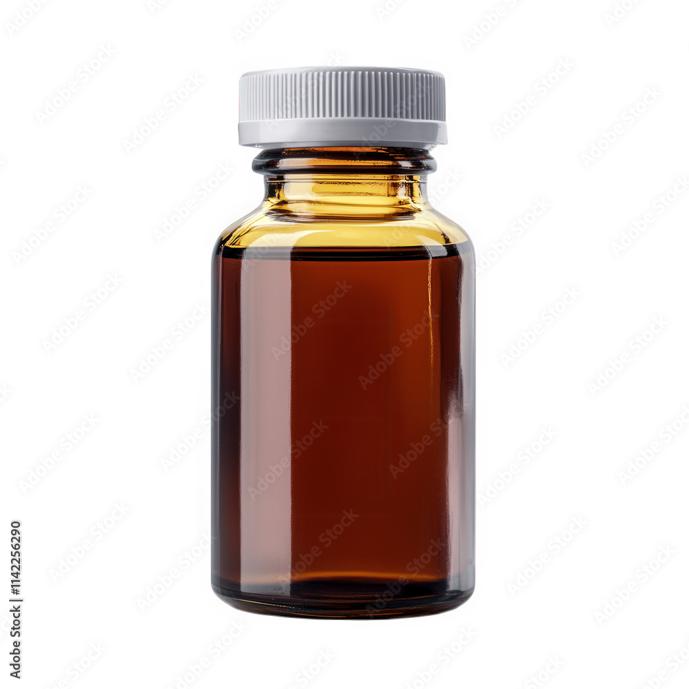 Amber Glass Bottle With White Cap Contains Liquid, on transparent background , png Amber Glass Bottle With White Cap Contains Liquid, on transparent background , png