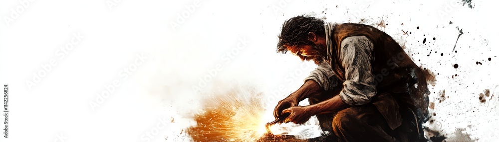 A craftsman working diligently with fire, isolated on a white background. A craftsman working diligently with fire, isolated on a white background.