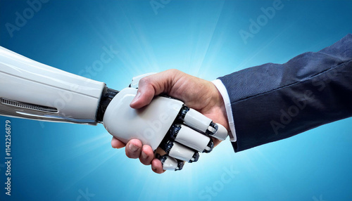 Male hand shaking hands with a robot hand in front of a beautiful background. Business between humans and technology. 