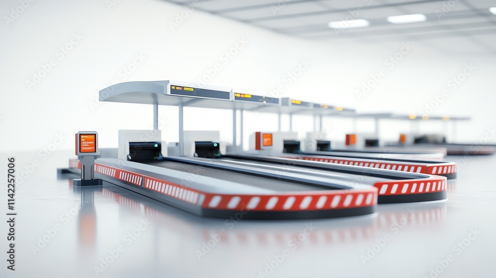 Automated baggage claim area with multiple conveyor belts in a modern airport. Automated baggage claim area with multiple conveyor belts in a modern airport.