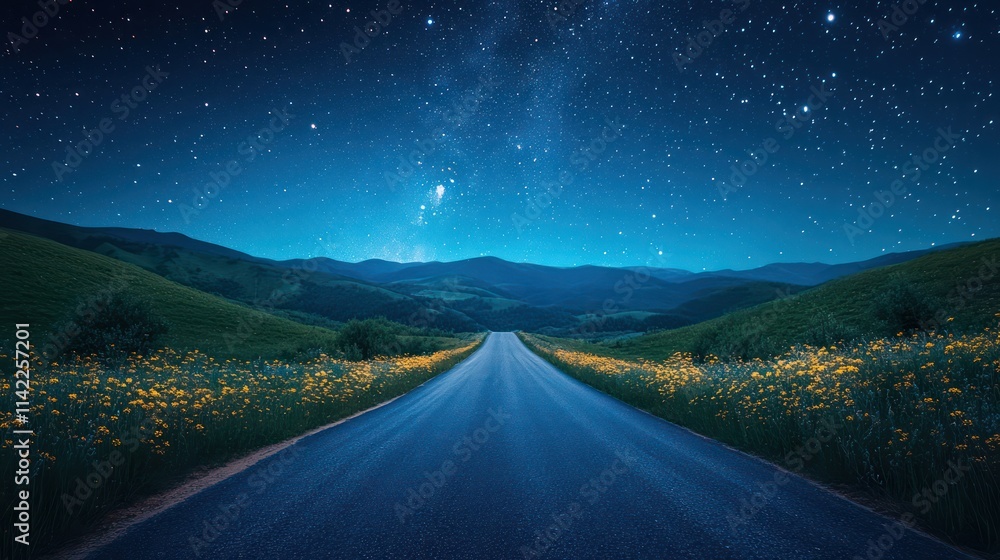 Fototapeta premium Starry Night Road Trip: Serene Journey Through Flower Fields and Majestic Mountains
