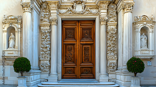 Ornate Church Entrance, Intricately Carved Wooden Doors Framed by Exquisite Stonework and Statues, Showcasing Architectural Grandeur and Religious Significance.