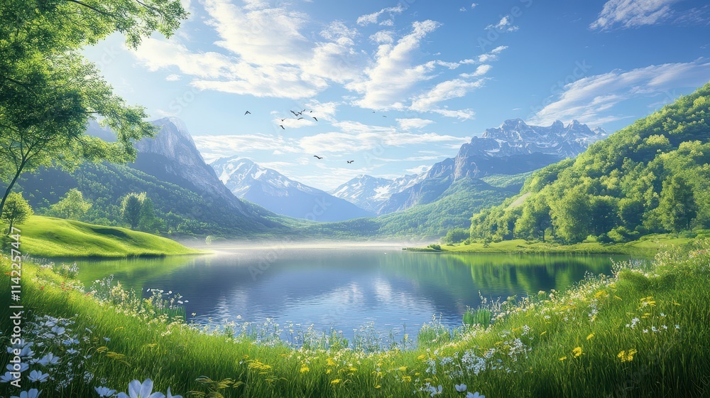 Majestic mountain landscape with tranquil lake and vibrant wildflowers under a clear sky Majestic mountain landscape with tranquil lake and vibrant wildflowers under a clear sky