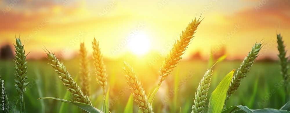 Golden hour sunlight illuminates vibrant green wheat field at sunset. Golden hour sunlight illuminates vibrant green wheat field at sunset.