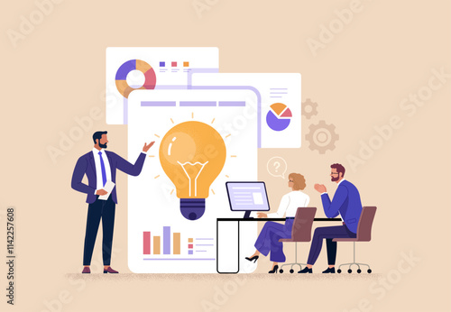 Business Idea Presentation Concept. Vector cartoon illustration of an office worker presenting his idea with a board with a light bulb and graphs in front of his colleagues. Isolated on background 