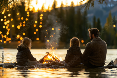 Family Sitting Near Campfire
