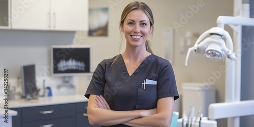 Portrait of female dentist standing confidently in dental office, offering professional care