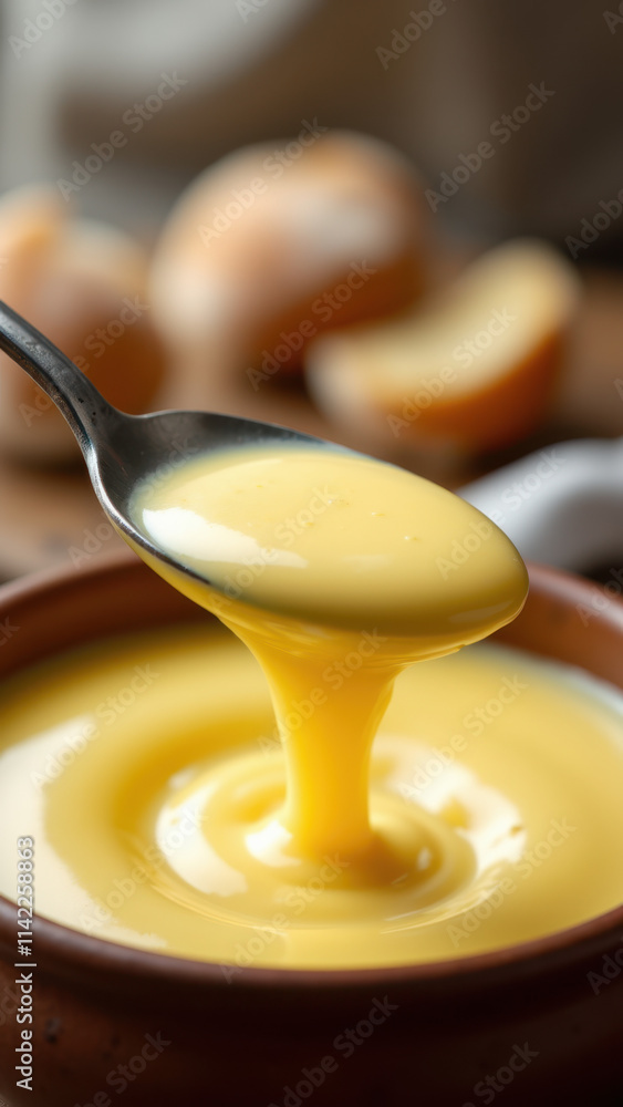 A spoon scooping out a golden-yellow creamy substance from a pot with melted cheese or butter visible on the spoon. A spoon scooping out a golden-yellow creamy substance from a pot with melted cheese or butter visible on the spoon.