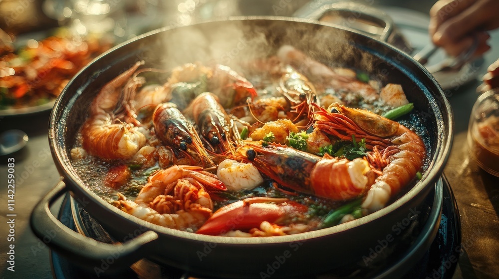 A close-up shot of a bubbling hot pot filled with assorted seafood, vegetables, and spices, set on a dining table, inviting guests to share a delicious meal together. A close-up shot of a bubbling hot pot filled with assorted seafood, vegetables, and spices, set on a dining table, inviting guests to share a delicious meal together.