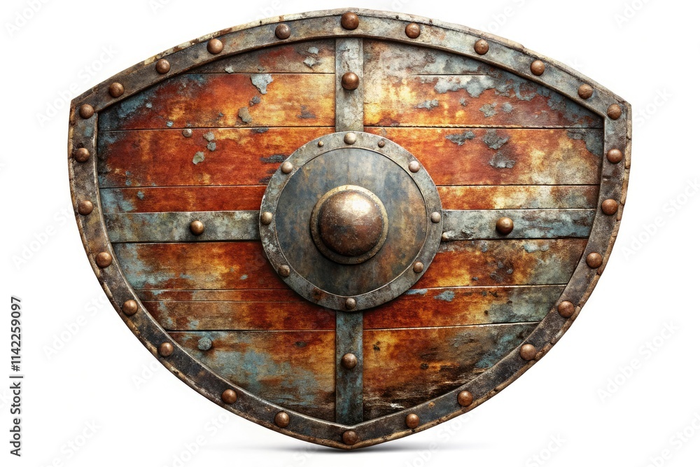 Naklejka premium Rusty, worn, and scratched, this antique medieval shield stands isolated against a white background; its high-resolution detail speaks volumes of history.