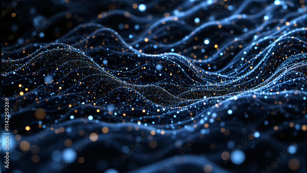 A mesmerizing visual of blue waves interspersed with glowing particles in vibrant colors. A mesmerizing visual of blue waves interspersed with glowing particles in vibrant colors.