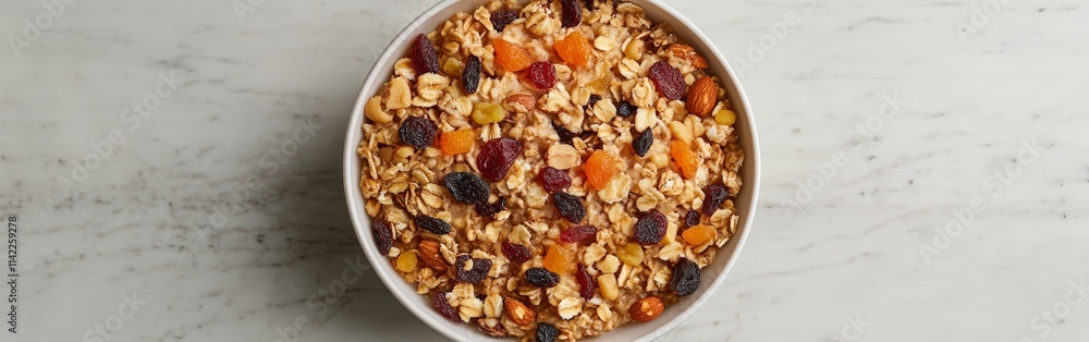 Bowl of Creamy Oatmeal Topped with Dried Fruits Bowl of Creamy Oatmeal Topped with Dried Fruits
