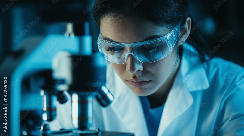Medical professional intently examining a microscope slide, deeply focused on disease investigation in a sterile lab environment. Medical professional intently examining a microscope slide, deeply focused on disease investigation in a sterile lab environment.