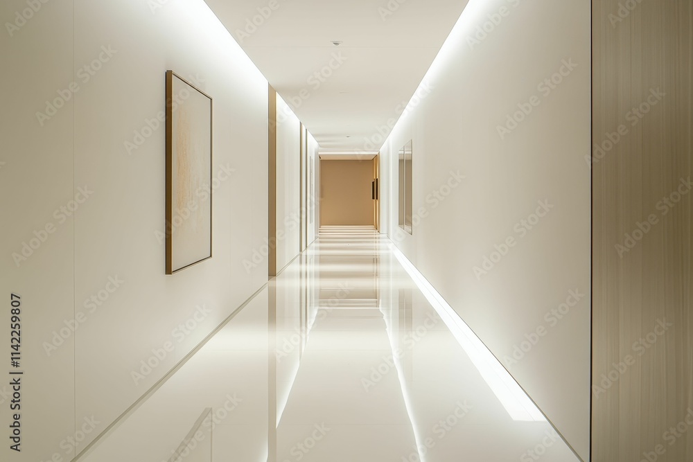 Bright hallway, minimalist art, polished floor. Bright hallway, minimalist art, polished floor.