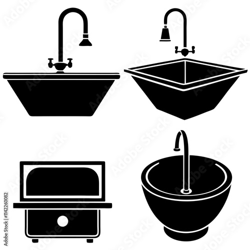  4 different styles of kitchen sink silhouette vector art illustration