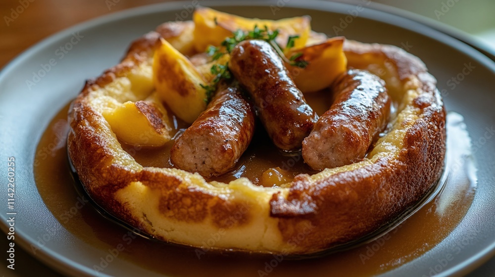 A plate of toad in the hole, with sausages baked in Yorkshire pudding batter, served with gravy A plate of toad in the hole, with sausages baked in Yorkshire pudding batter, served with gravy