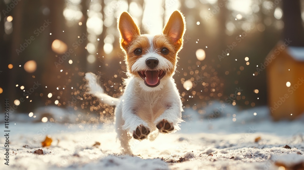 A lively dog joyfully leaps through a snowy forest, capturing pure happiness and energy in this vibrant winter scene at the golden hour of the day. A lively dog joyfully leaps through a snowy forest, capturing pure happiness and energy in this vibrant winter scene at the golden hour of the day.