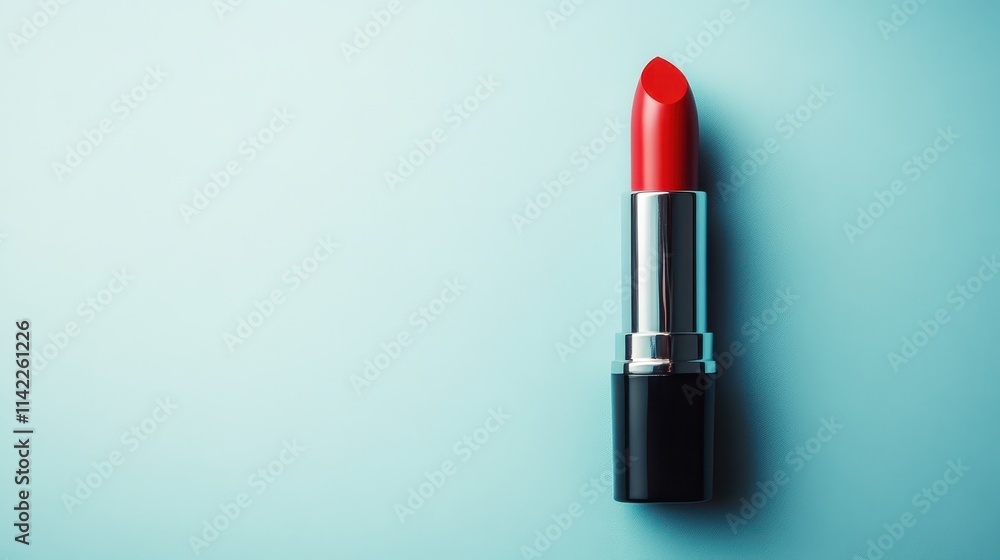 Bright red lipstick stands out against a clean light blue background Bright red lipstick stands out against a clean light blue background