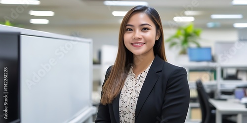 Filipino female customer service representative standing proudly in an office space, assisting clients