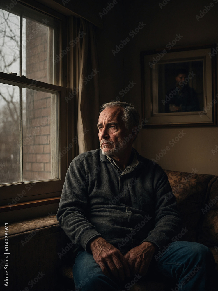 Reflective elderly man sitting by window cozy living room portrait photography soft light introspection Reflective elderly man sitting by window cozy living room portrait photography soft light introspection