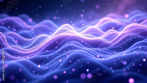 A stunning visual of purple and blue waves flowing gracefully with sparkling particles.