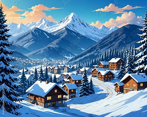 A picturesque winter village nestled in the snowy Alps.