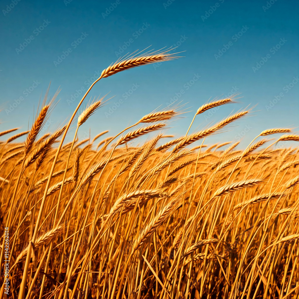 Fototapeta premium A vast field of golden wheat sways gently in the breeze under a brilliant blue sky with a few fluffy clouds