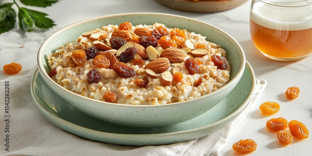 Bowl of Creamy Oatmeal Topped with Dried Fruits Bowl of Creamy Oatmeal Topped with Dried Fruits