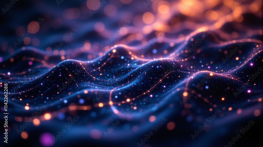 A mesmerizing abstract image featuring vibrant blue and orange waves filled with glowing particles. A mesmerizing abstract image featuring vibrant blue and orange waves filled with glowing particles.