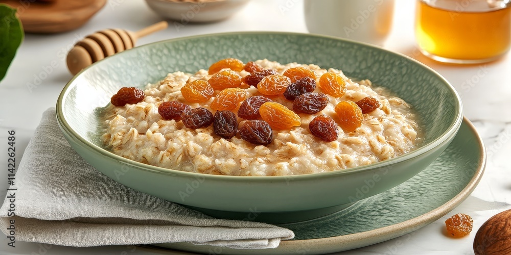 Bowl of Creamy Oatmeal Topped with Dried Fruits Bowl of Creamy Oatmeal Topped with Dried Fruits