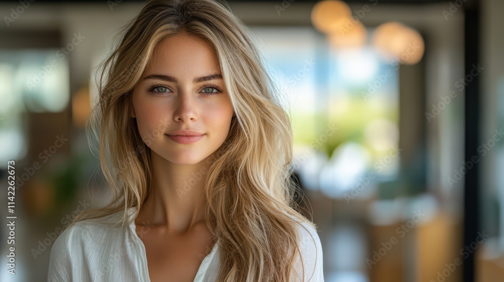 Stunning woman in a bright indoor setting, showcasing beauty and confidence during daytime Stunning woman in a bright indoor setting, showcasing beauty and confidence during daytime