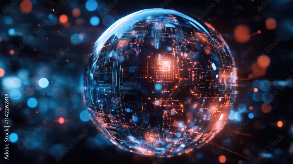 Obraz premium A crystal-clear sphere with embedded digital circuitry glowing and connecting, top view, highlighting advanced global networks, advanced tone, vivid 