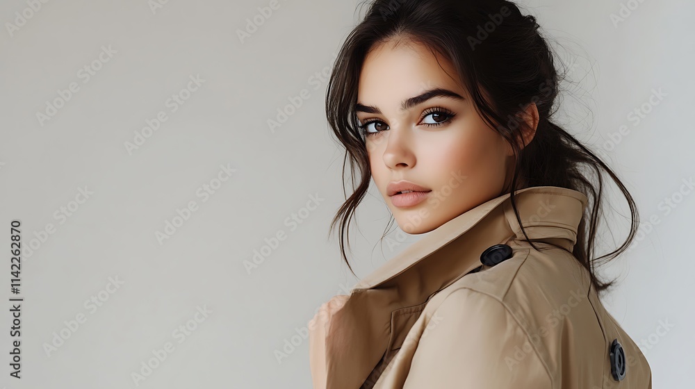 Female model in tailored trench coat, posing confidently with an elegant background Female model in tailored trench coat, posing confidently with an elegant background