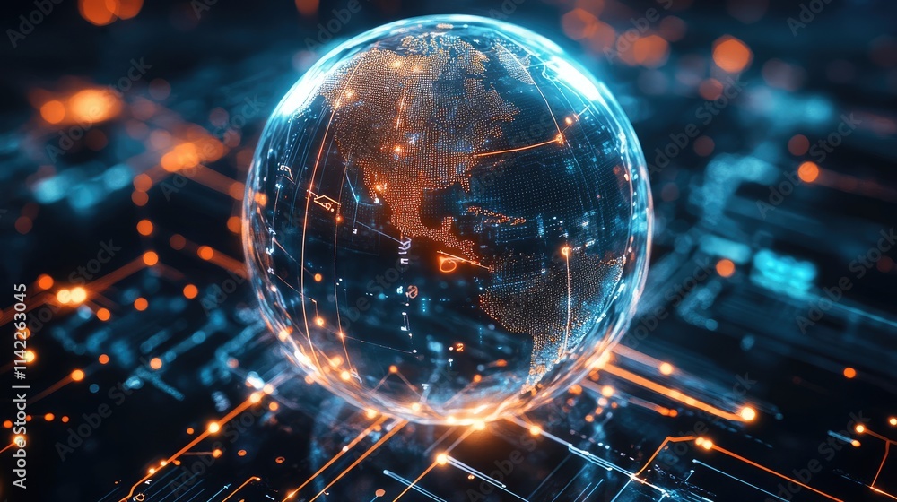 A crystal-clear sphere with embedded digital circuitry glowing and connecting, top view, highlighting advanced global networks, advanced tone, vivid A crystal-clear sphere with embedded digital circuitry glowing and connecting, top view, highlighting advanced global networks, advanced tone, vivid