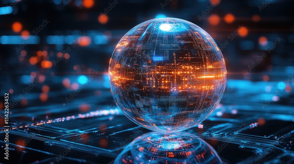 A crystal-clear sphere with embedded digital circuitry glowing and connecting, top view, highlighting advanced global networks, advanced tone, vivid 