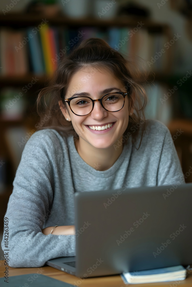 Smiling woman working on laptop at home office in cozy indoor space during daytime hours Smiling woman working on laptop at home office in cozy indoor space during daytime hours