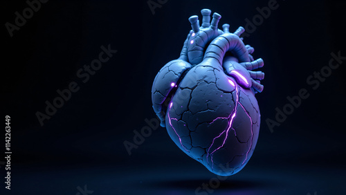 A striking 3D rendering of a cracked heart, showcasing vibrant blue and purple colors. photo