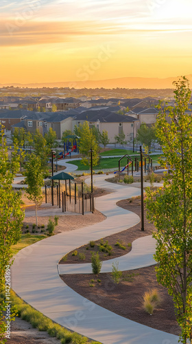 Scenic park view with winding paths and greenery at sunset.