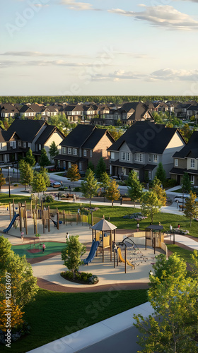 A suburban neighborhood featuring homes and a playground surrounded by greenery.