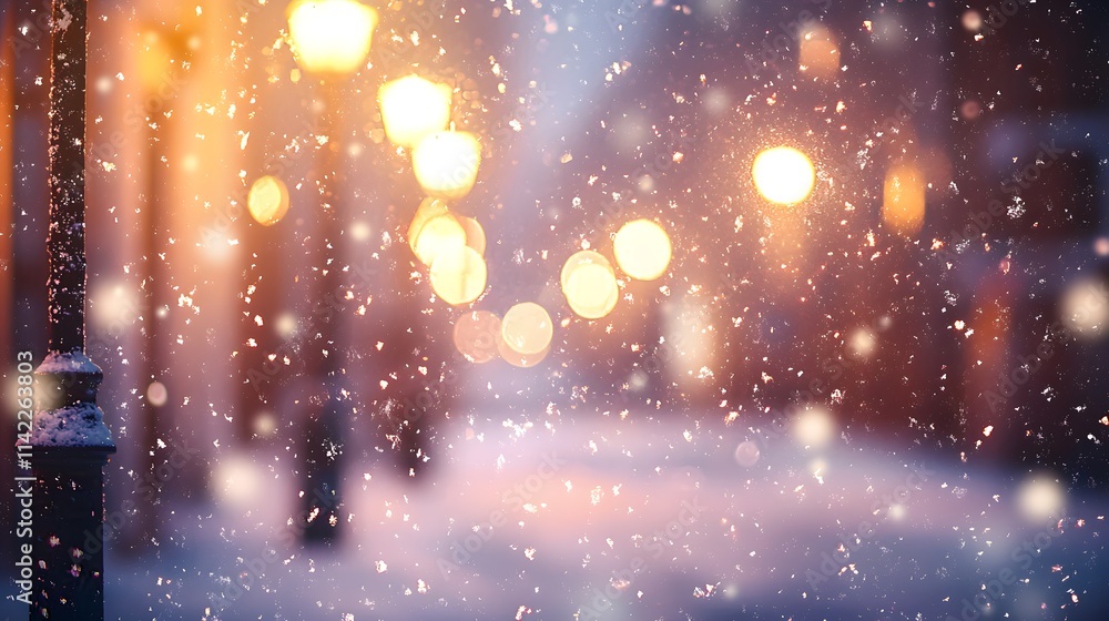 Naklejka premium Snowy Street at Night with Softly Glowing Street Lights